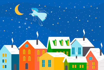Christmas town  landscape. Happy new year.  Winter holidays in the city panorama. Angel. Snow winter city landscape. Vector illustration