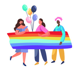 Gay and Lesbian Holding Rainbow Love Flag.LGBT Gay Pride.Homosexual People on
Valentines Day.Sexual Orientation.LGBT Community Support.Human Rights.Sexuality Identity.Flat Cartoon Vector Illustration.