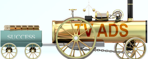 Tv ads and success - symbolized by a retro steam car with word Tv ads pulling a success wagon loaded with gold bars to show that Tv ads is essential for prosperity and success in life, 3d illustration