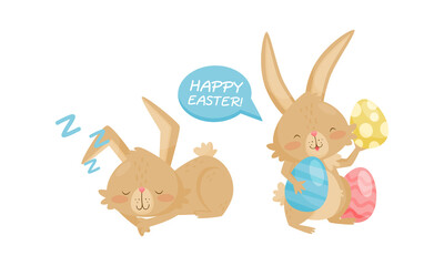 Cute Rabbit with Long Pointed Ears Sleeping and Holding Easter Eggs Vector Set