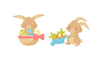 Cute Rabbit with Long Pointed Ears Pulling Trolley with Carrot and Sitting in Basket with Easter Eggs Vector Set