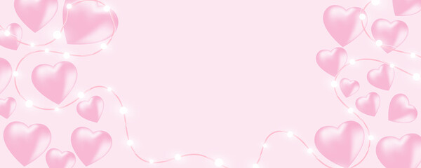 Happy Valentine's Day banner with shining lights garland, light bulbs, hearts on pink background. Valentine's Day card.