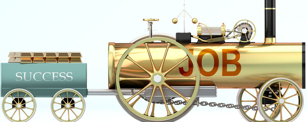 Job and success - symbolized by a retro steam car with word Job pulling a success wagon loaded with gold bars to show that Job is essential for prosperity and success in life, 3d illustration