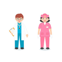 Medicine educational activity. Cartoon Doctor and nurse. Vector illustration