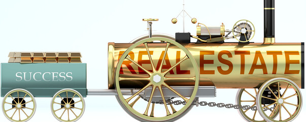 Real estate and success - symbolized by a steam car pulling a success wagon loaded with gold bars to show that Real estate is essential for prosperity and success in life, 3d illustration