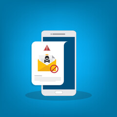 Mobile phone with email, envelope with black document and skull icon notification. Virus, malware, email fraud, e-mail spam, phishing scam, hacker attack concept. 