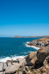 Rocky coastline of Granite Island looking out towards The Bluff, Victor Harbor, South Australia.
