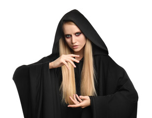 Witch in black mantle isolated on white. Scary fantasy character