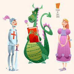 Princess, knight and dragon. Diada de Sant Jordi (the Saint George’s Day). Traditional festival in Catalonia, Spain.