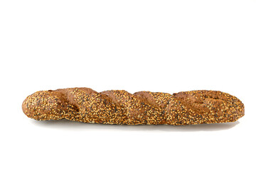 Bread, rye baguette with sesame seeds.Isolated on a white background.