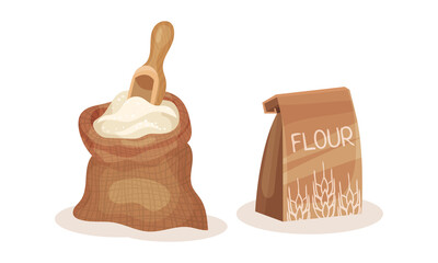 Fine Ground Flour in Sack with Scoop and Package Vector Set