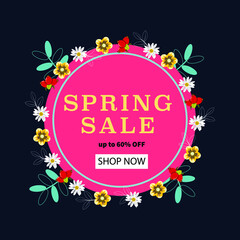 Cute template with flowers around the circle on dark background. For advertisements, flyers, posters, packaging, banners. Vector template.