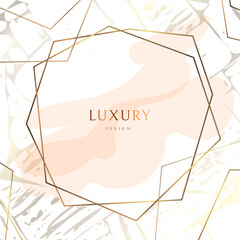 Gold frame. With geometric lines. Watercolor wedding invitation card with rose gold vein texture. Pastel pink brush strokes and gold outline geometric frame. Abstract background.