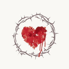 Vector banner with an abstract red heart inside a crown of thorns. Religious illustration on the theme of Easter or Good Friday. Bloody heart with spots, splashes and drips