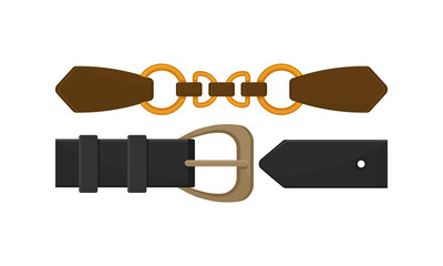 Leather Belt with Buckle or Clasp as Band or Strap Worn Around the Waist Vector Set