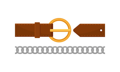 Leather and Metal Belt with Buckle or Clasp as Band or Strap Worn Around the Waist Vector Set