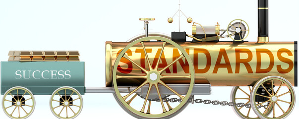 Standards and success - symbolized by a steam car pulling a success wagon loaded with gold bars to show that Standards is essential for prosperity and success in life, 3d illustration