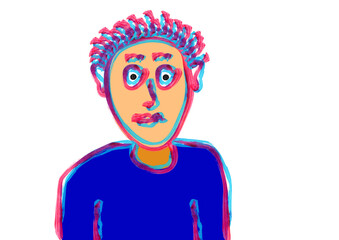 Young man abstract surreal face front side view colorful painting illustration isolated on the white background