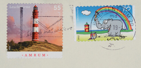 briefmarke stamp gestempelt cancel frankiert used vintage retro leuchtturm lighthouse amrum schreib mal wieder slogan werbung ottifant 55 70 regenbogen elefant comic nordfriesland malen paint rainbow