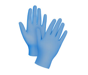 Medical nitrile gloves. Two blue surgical gloves isolated on white background with hands. Rubber...