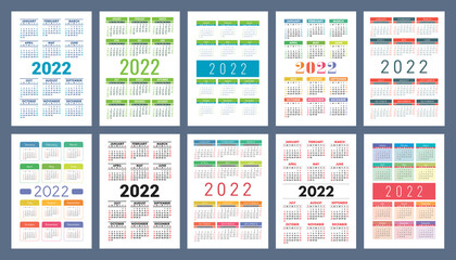 Calendar 2022 year set. Vector pocket or wall calender template collection. Week starts on Sunday.