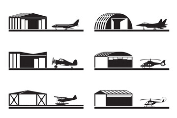Hangars for airplanes and helicopters – vector illustration - obrazy, fototapety, plakaty