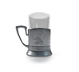 3d render of russian glass cups in metal traditional holders with tea. Image with selective focus and toning