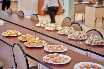 Sweet pastries, buns in the school cafeteria for children.