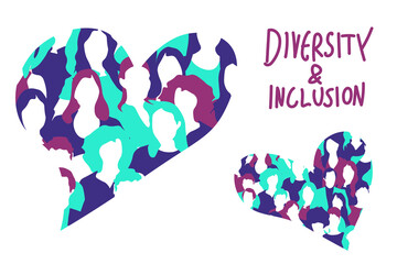 Diversity and inclusion concept illustration. Empathy, diversity, equality. Hearts with abstract people texture. 