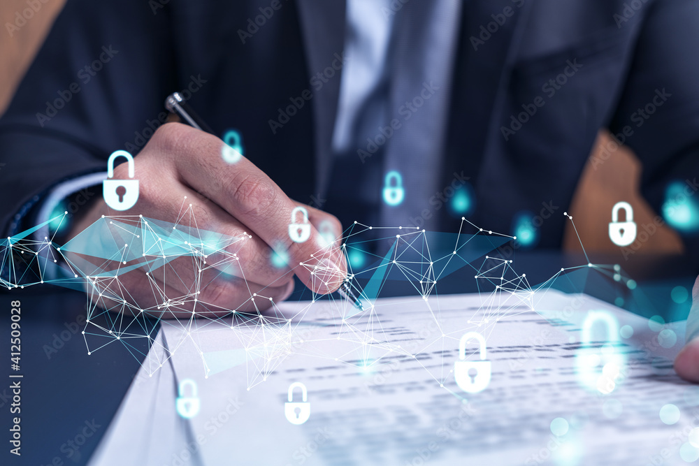 Poster a businessman in formal wear signing the contract to prevent probability of risks in cyber security.