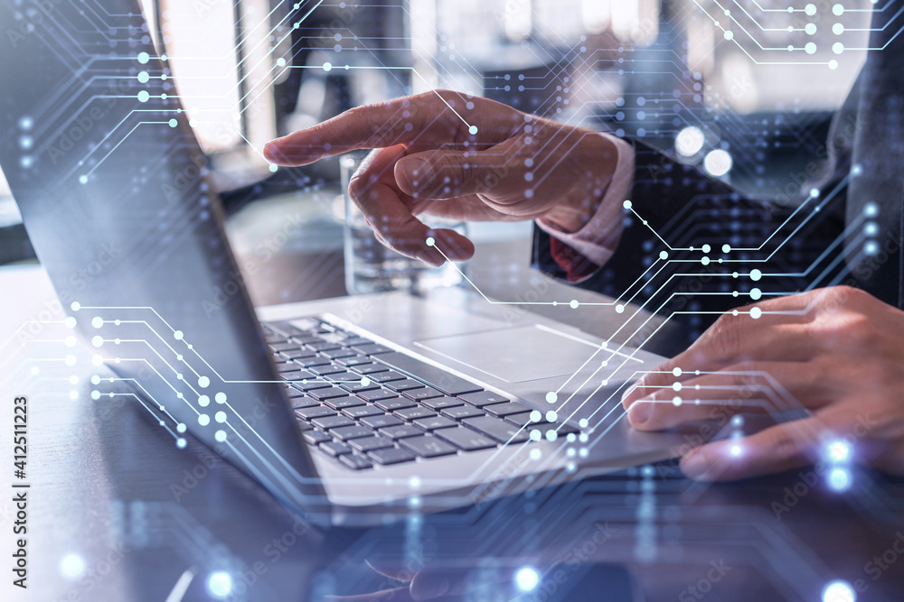 Poster hands typing the keyboard to create innovative software to change the world and provide a completely