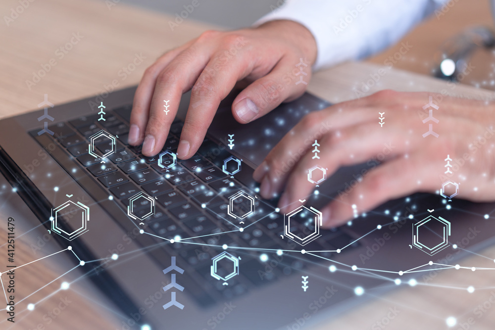 Poster hands typing the keyboard to create innovative software to change the world and provide a completely