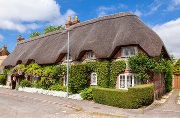 Fototapeta na wymiar Traditional english thatched house with plant decoration in Southern England UK