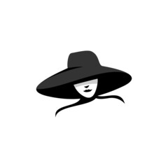 Vector illustration of woman with hat, girl logo, icon, emblem.