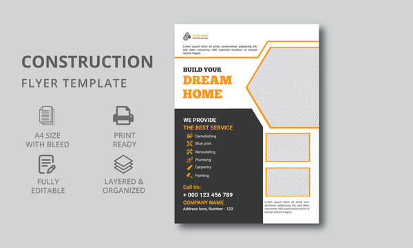 Construction Renovation A4 Flyer Template. House Repair Cover A4 Template For Construction Tools. Flyer Template Design.