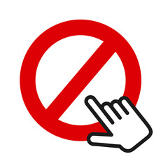 Hand as computer mouse curson is clicking on symbol of Do Not Enter. Entrance into fobidden and banned place. Vector illustration isolated on white.