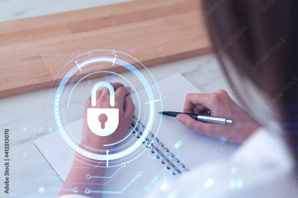 Poster businesswoman is taking notes of clients needs to protect cyber security from hacker attacks and sav