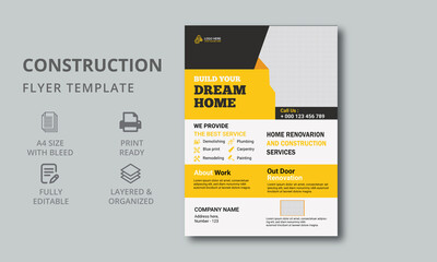 Corporate identity of the construction company A4 Flyer Template. the report, brochure design, flyer, leaflets decoration for printing, and presentation vector illustration.