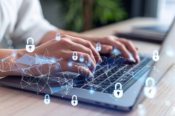 A woman programmer is typing a code on computer to protect a cyber security from hacker attacks and...