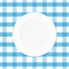 White empty plate on blue checkered tablecloth.