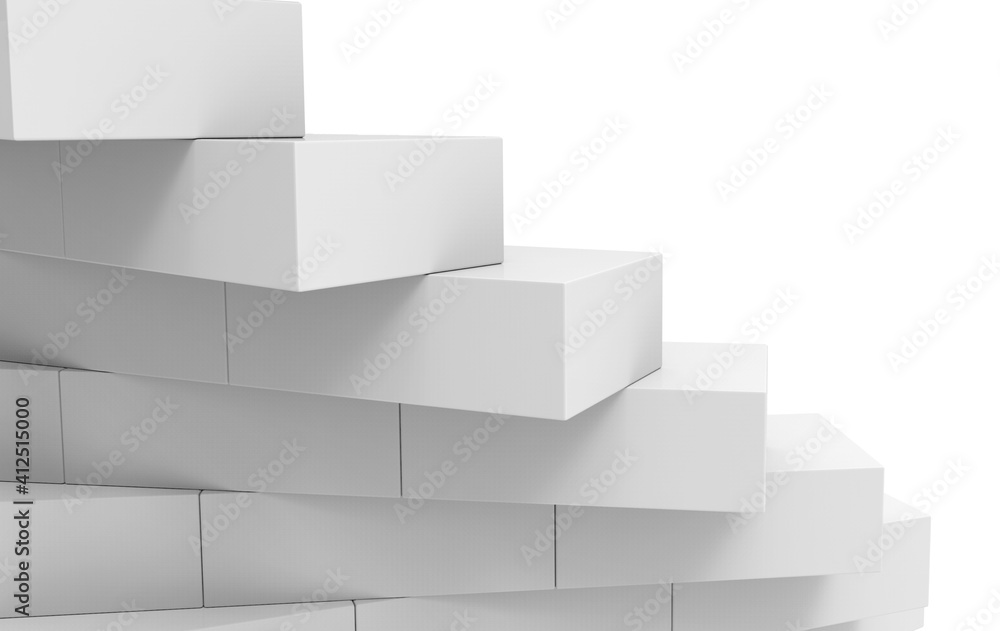 Poster 3d rendering. gray cube brick stack wall with white space background.