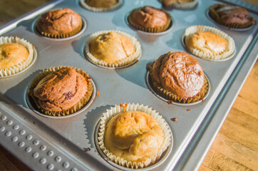 small vanilla and chocolate muffins illuminated by the morning light ready for breakfast