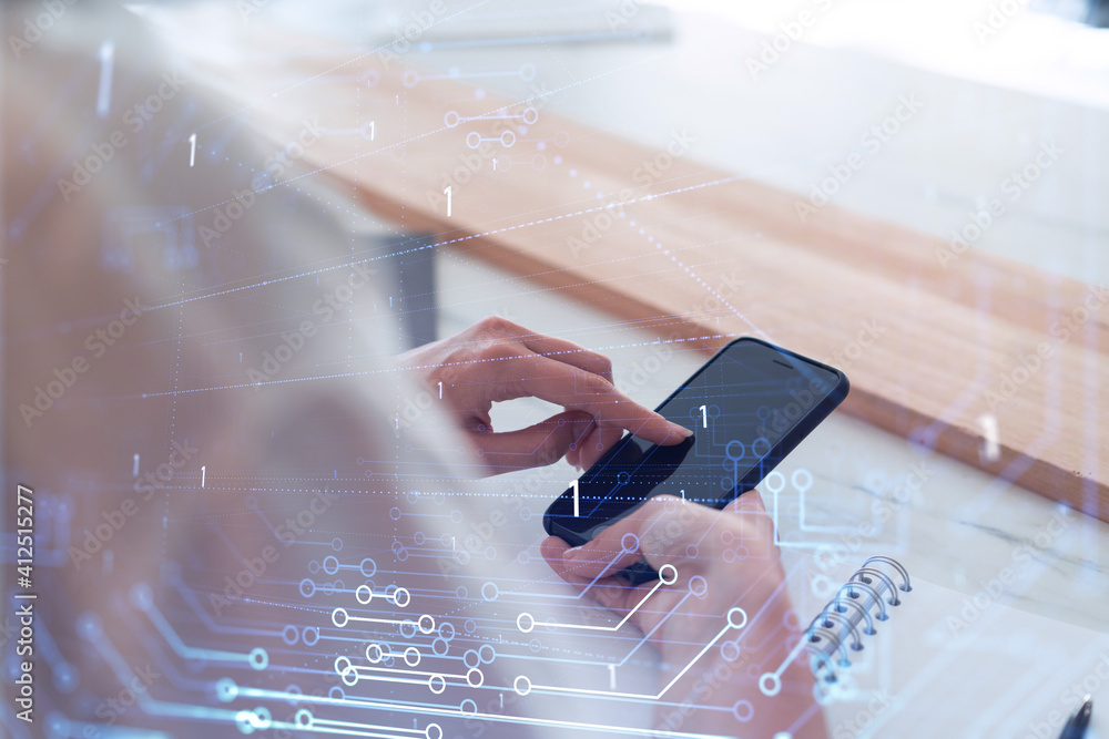 Poster businesswoman in formal wear holding in the hands a smart phone and testing an innovative applicatio