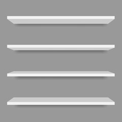 White shop product shelves. Blank empty showcase display, 3D supermarket retail shelves. Bookcase store rack, shopping merchandise market products racks realistic vector isolated mockup. EPS 10