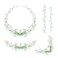 Floral watercolor Frame Collection with spring flowers. Set of cute retro snowdrops arranged in the shape of the circle for greeting, wedding invitations, and birthday cards