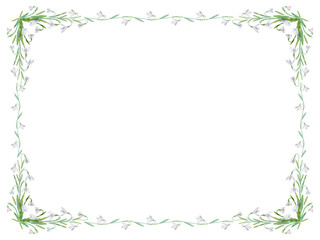 Snowdrops vector frame. Watercolor painted snowdrops and leaves on white background. Natural spring design for holiday, greeting, and invitation cards.
