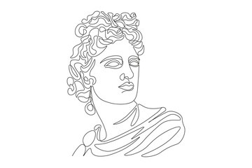 One line drawing of Apollo portrait. Modern outline art, aesthetic sketch for posters, cards, wall art, t-shirt print, tote bag, sticker