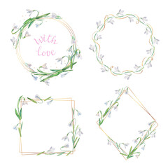 Floral watercolor Frame Collection with spring flowers. Set of cute retro snowdrops arranged in the shape of the circle for greeting, wedding invitations, and birthday cards