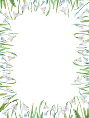 Snowdrops vector frame. Watercolor painted snowdrops and leaves on white background. Natural spring design for holiday, greeting, and invitation cards.