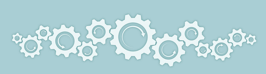 Gears in action. Gear sequence with arrows in light green background. Μechanism in operation.